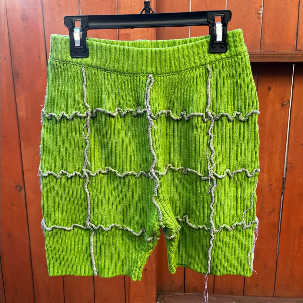Ragged Priest lime green shorts with light blue stitch detailing
